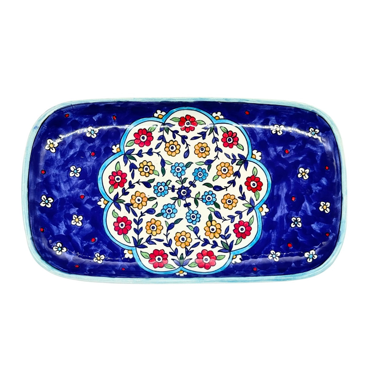 Big ceramic serving plate with colorful selling blossom flower decoration. unique Israeli art.