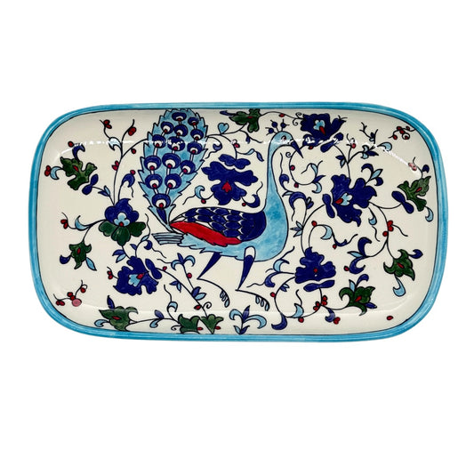 Ceramic Rectangular Serving Plate (13”) - White Floral Peacock