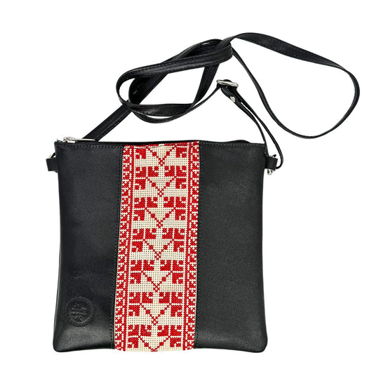 Leather Cross Body Bag w/Embroidery - Black/Red