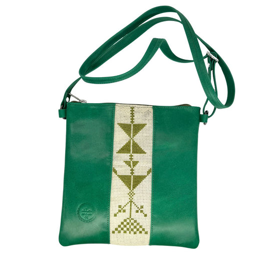 Leather Cross Body Bag w/Embroidery (Green/Green)