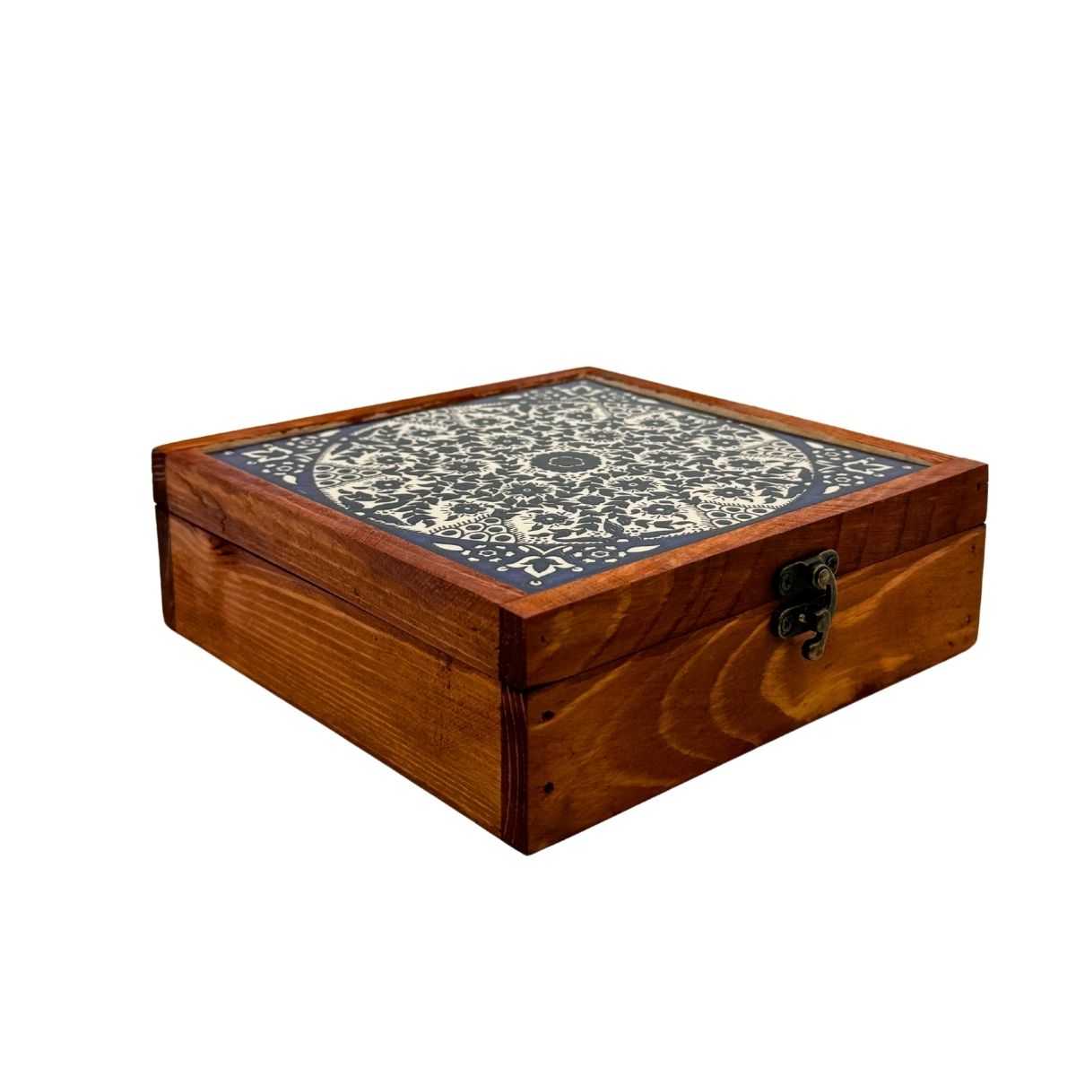 Wood & Ceramic Tile Box - Blue Vines