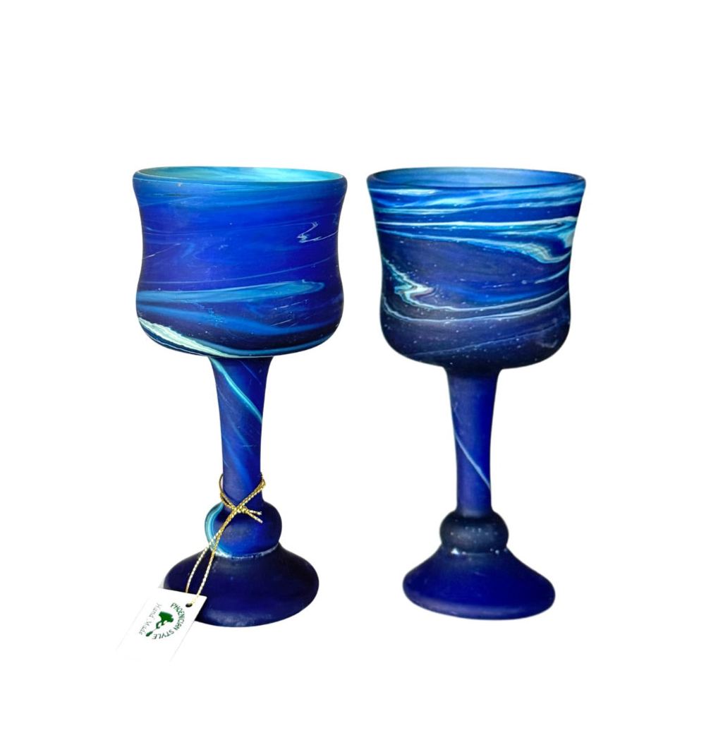 Glass Goblets, Set of 2 - Phoenician Design - Dark Blue