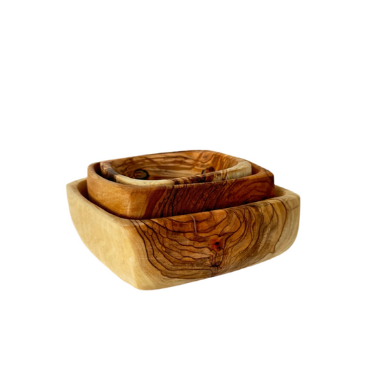 Olive Wood Square Nesting Bowls (Set of 3)