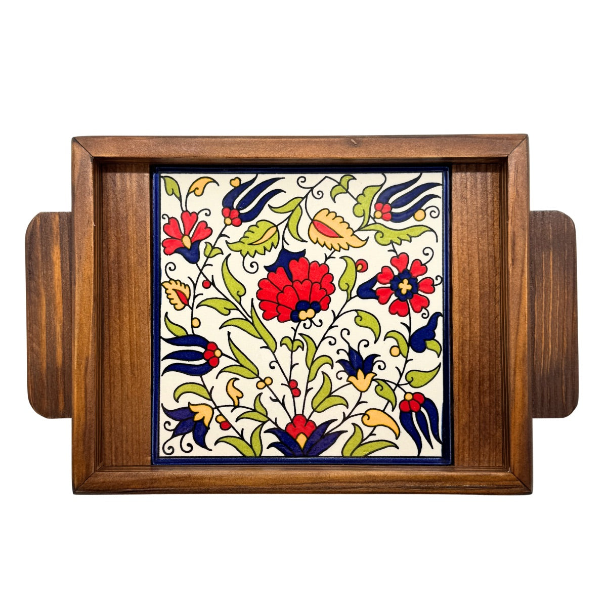 Ceramic & Wood Serving Tray, One Tile - Jerusalem Spring