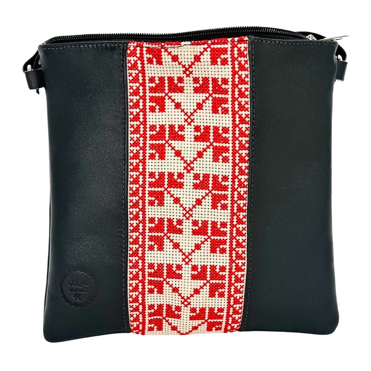 Leather Cross Body Bag w/Embroidery - Black/Red