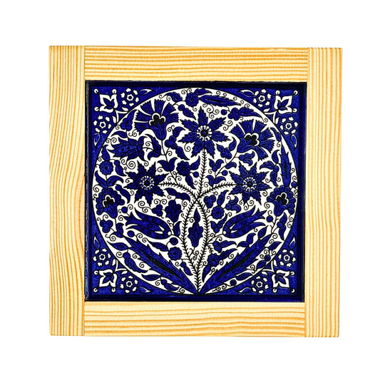 Ceramic Tile & Wood Trivet - Blue Floral