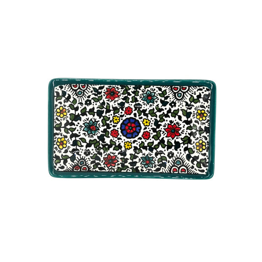 Ceramic Rectangular Dish (7”) - Teal Vine