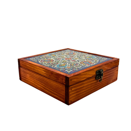 Wood & Ceramic Tile Box - Arabesque Tulips