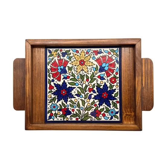 Ceramic & Wood Serving Tray, One Tile - Teta's Garden