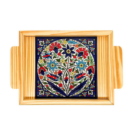 Ceramic & Wood Serving Tray, One Tile - Divine Tulip