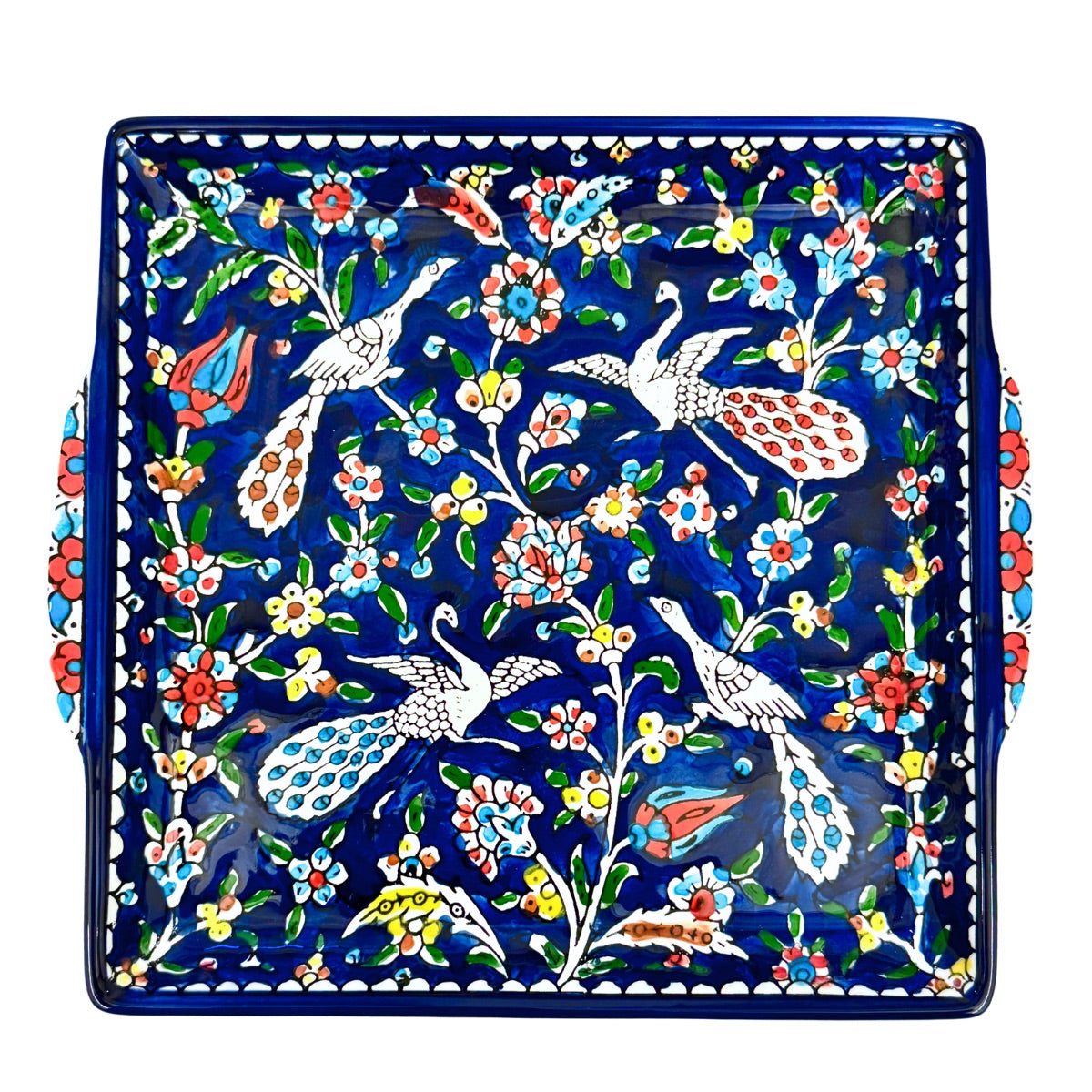 Square Serving Platter (10") w/Handles - Blue Peacock