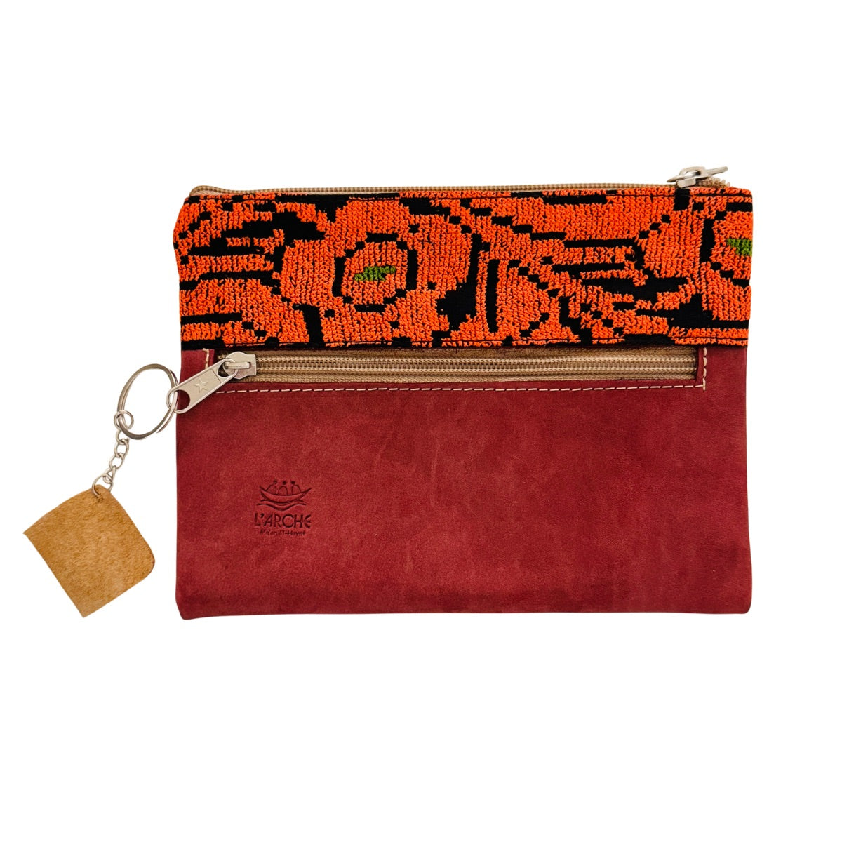 Suede Leather Purse with Embroidery - Red