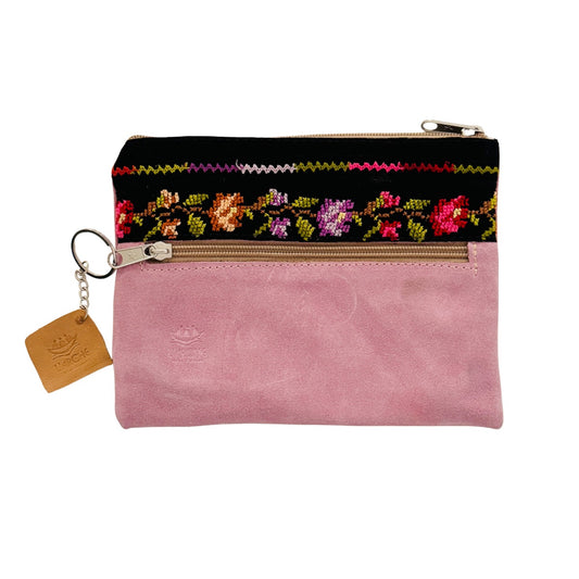 Suede Leather Purse with Embroidery - Pink