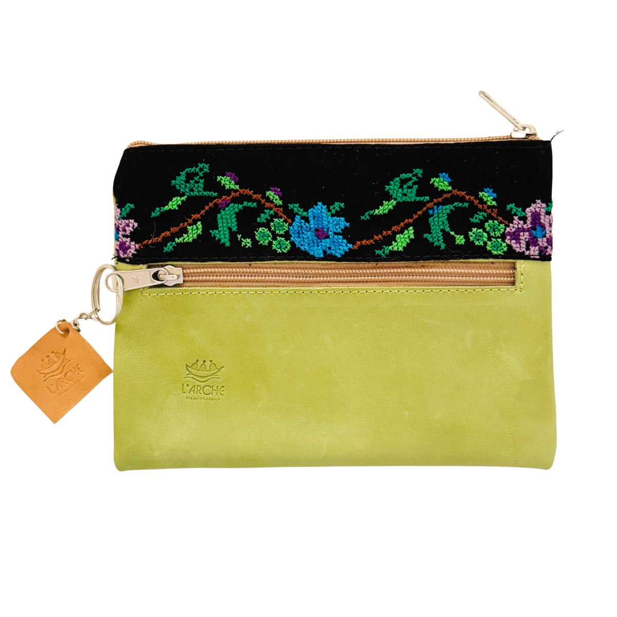 Suede Leather Purse with Embroidery - Green