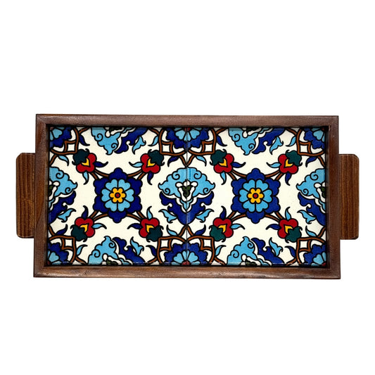 Ceramic and Wood Serving Tray - Dark Wood Blue