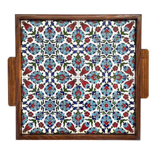 Ceramic and Wood Serving Tray - Light Blue/Red Tulip