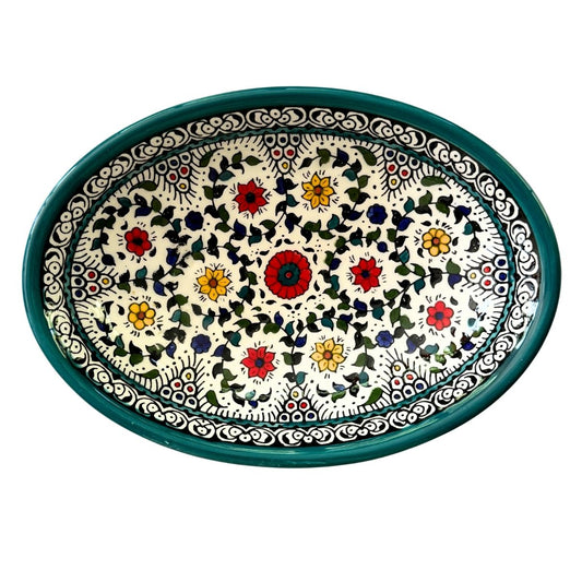 Ceramic Oval Dish (9") - Teal Multicolor Vine