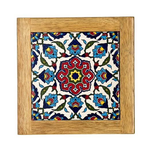 Ceramic Tile & Wood Trivet - Iznik