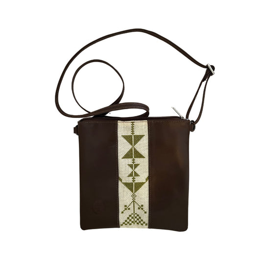 Leather Cross Body Bag w/Embroidery - Dark Brown/Green)